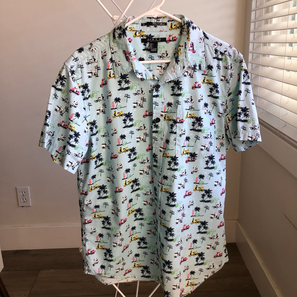 21men Collared Button Down Shirt Mens Large Short Sleeve Vespa Pattern